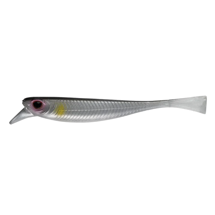 Nomad Design Delta Minnow fishing lure in translucent silver with a pinkish-black head and yellow accent behind the eye, designed for effective fishing tackle use.