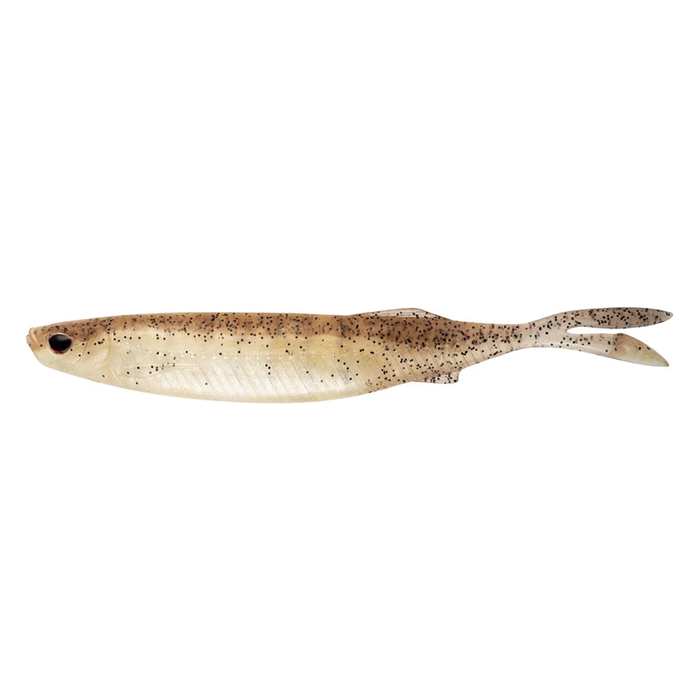 Nomad Design Fallout Minnow fishing lure in natural beige and brown tones with black speckles and a forked tail, designed for effective fishing tackle use.
