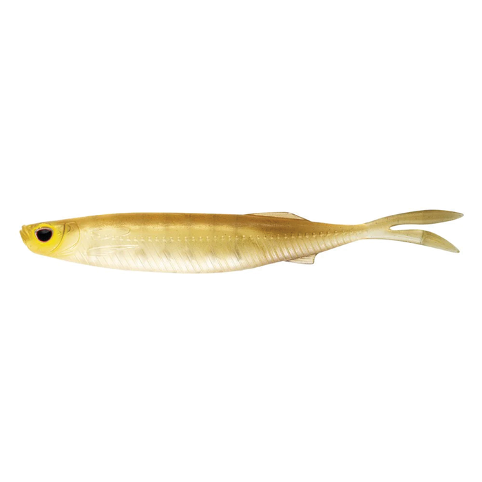 Nomad Design Fallout Minnow fishing lure in translucent gold and cream colors with detailed body texture and a forked tail, designed for realistic movement in water.