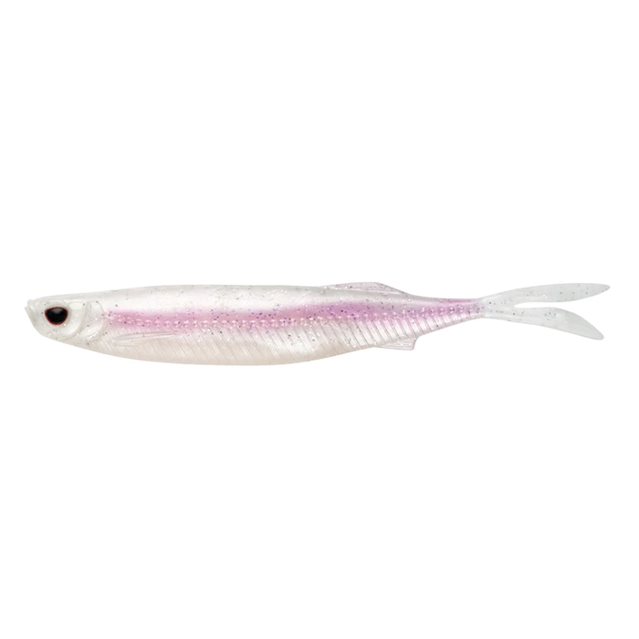 Nomad Design Fallout Minnow fishing lure in a translucent white and light purple color with realistic eyes and a soft plastic body designed for effective fishing tackle use.
