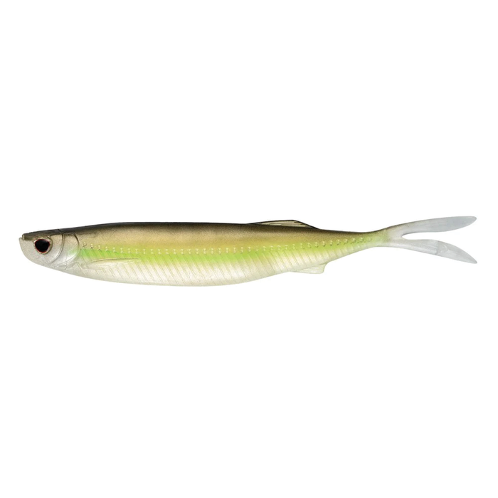 Nomad Design Fallout Minnow fishing lure in natural shad colors with lifelike eyes and a forked tail, designed for effective fishing tackle use.