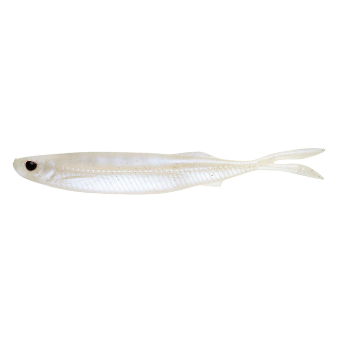 Nomad Design Fallout Minnow fishing lure in pearlescent white with a slender body and forked tail, designed to mimic a small baitfish for effective fishing tackle use.