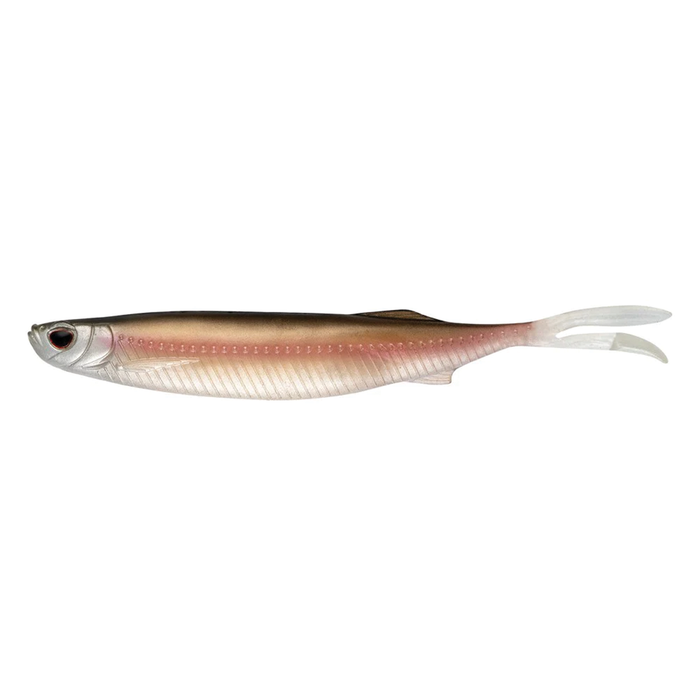 Nomad Design Fallout Minnow fishing lure with a slender, lifelike body featuring a pinkish-beige shade and a forked tail designed for realistic movement in water.