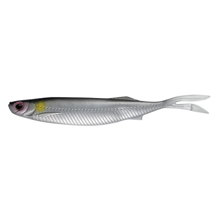Nomad Design Fallout Minnow fishing lure with a silver body, realistic eye detail, and forked tail, designed to attract game fish in various water conditions.