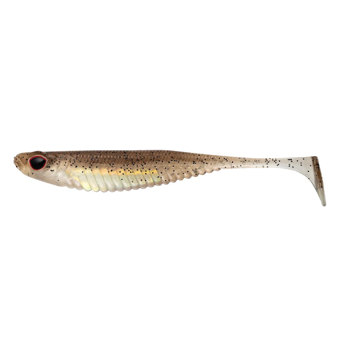 Nomad Design Spectre Minnow - Mirage X soft fishing lure with realistic fish shape, brown and translucent body, black speckles, and a paddle tail for lifelike movement.