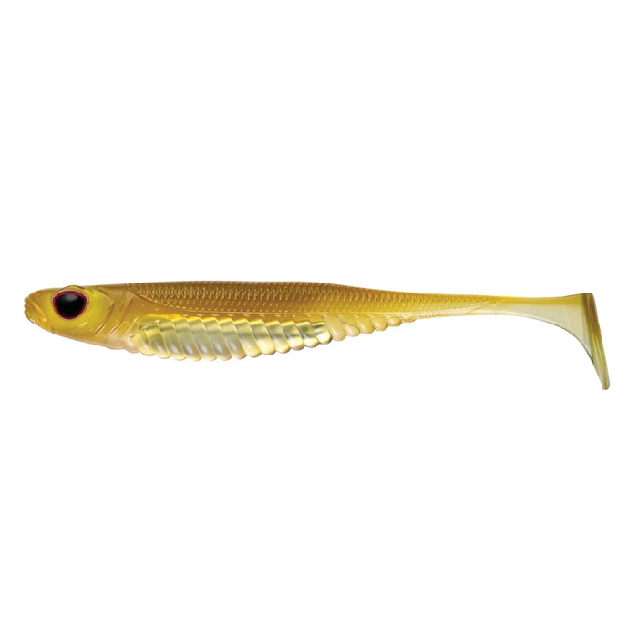 Nomad Design Spectre Minnow - Mirage X is a gold and translucent soft plastic fishing lure shaped like a small baitfish with a paddle tail for lifelike swimming action.