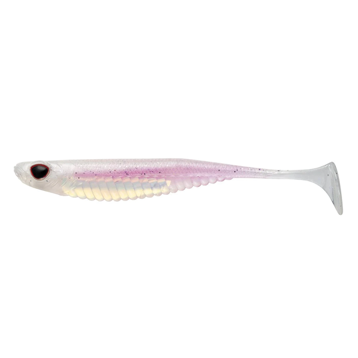 Nomad Design Spectre Minnow - Mirage X fishing lure in translucent pink and white with lifelike eyes and ribbed body, designed for effective fishing tackle use.