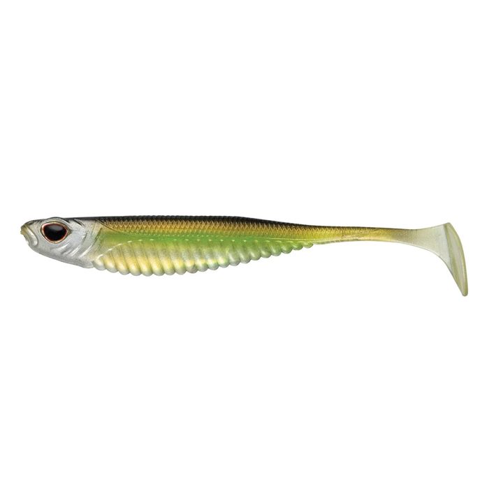 Nomad Design Spectre Minnow - Mirage X fishing lure in green and gold tones with a paddle tail for realistic swimming action, designed for effective fishing tackle use.
