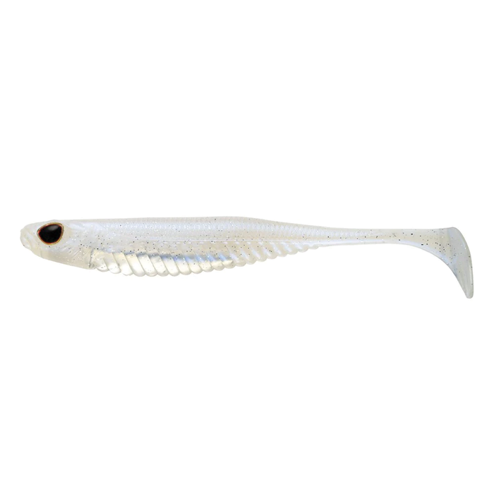 Nomad Design Spectre Minnow - Mirage X soft fishing lure in translucent pearl with glitter accents, featuring a ribbed body and paddle tail for lifelike movement.