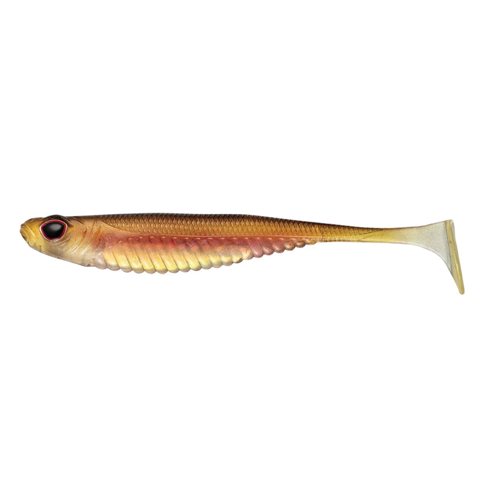 Nomad Design Spectre Minnow - Mirage X soft plastic fishing lure with realistic fish shape, amber and pink tones, and a paddle tail designed for lifelike movement in water.