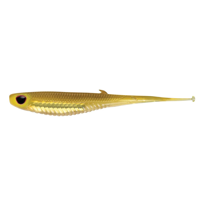 Nomad Design Wingman - Mirage X fishing lure in translucent gold with a detailed ribbed body and lifelike large black and red eye, designed for precision fishing tackle.