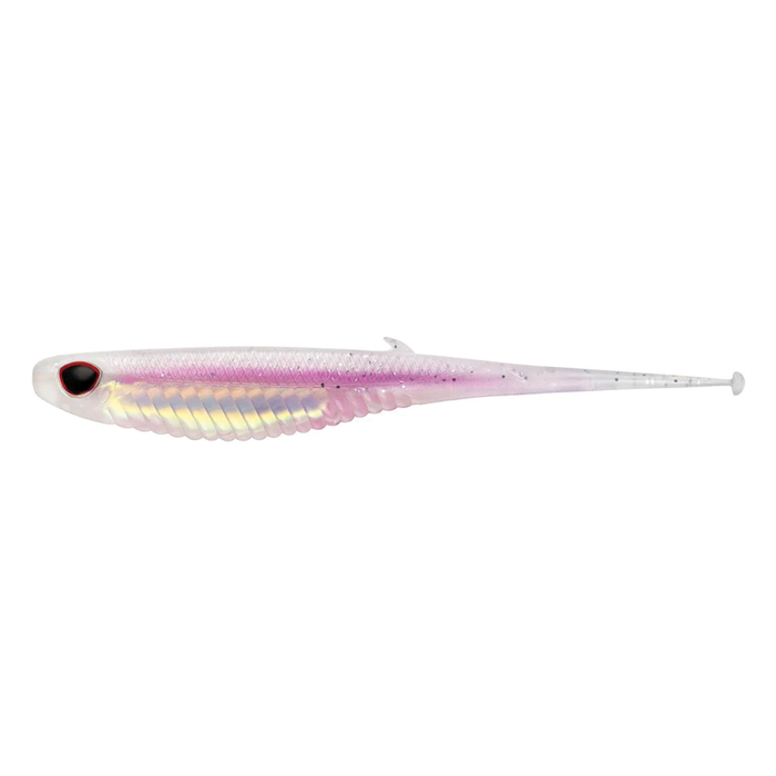Nomad Design Wingman - Mirage X soft fishing lure in translucent pink and white with a realistic textured body and large black and red eye for effective fishing tackle.
