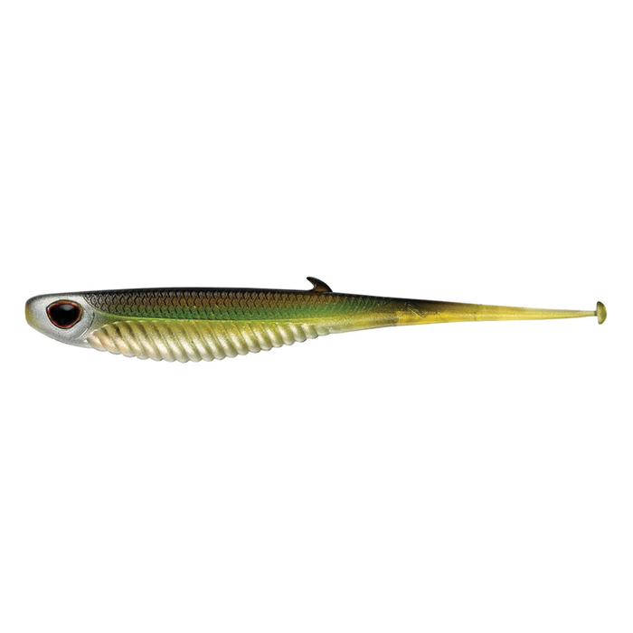 Nomad Design Wingman - Mirage X soft plastic fishing lure in green, yellow, and silver with lifelike fish scale texture and paddle tail for realistic movement.