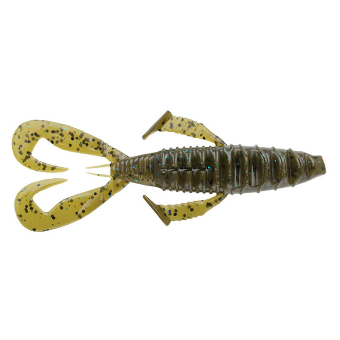 Nories 4" Front Flapper Curly Creature Bait fishing lure designed with a ribbed body, dual curly tails, and small appendages in olive green with black and blue flecks for realistic water movement.