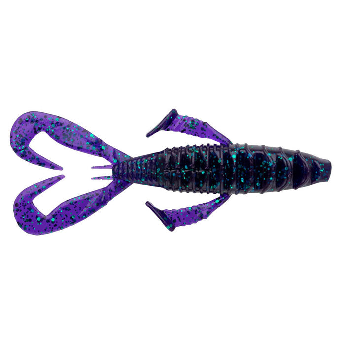 Nories 4" Front Flapper Curly Creature Bait in purple with blue and black speckles designed for fishing tackle, featuring a soft segmented body and twin curly tails for lifelike movement.