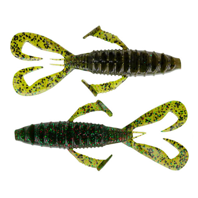 Two soft plastic fishing lures in green and black with red and yellow speckles, featuring curly tail appendages and limb-like fins, designed as Nories 4" Front Flapper Curly Creature Bait.