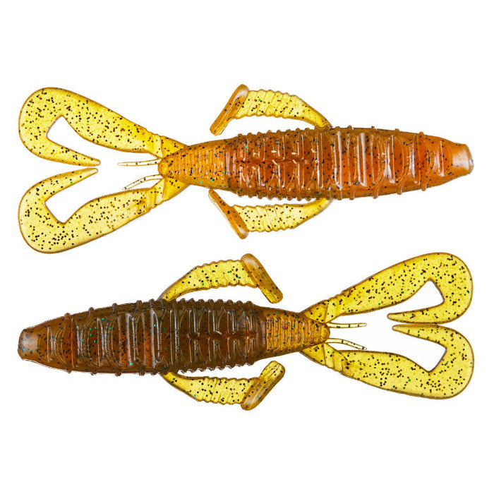 Two soft plastic fishing lures in amber and yellow hues with black speckles and twin curled tails, designed as the Nories 4" Front Flapper Curly Creature Bait for fishing tackle use.