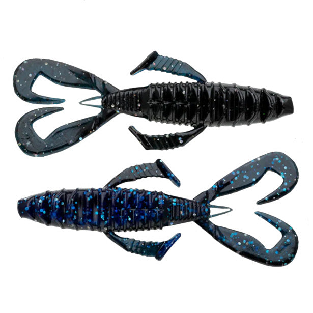 Nories 4" Front Flapper Curly Creature Bait in black and blue with glitter accents, designed for fishing tackle and lure applications to attract musky and other game fish.