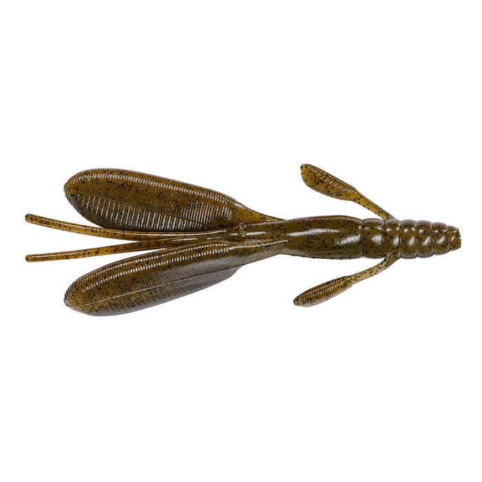 Nories 4.5" Escape Twin Creature Bait in natural brown with black flecks, designed for effective fishing lure action featuring twin paddle-like appendages and detailed segmented body.
