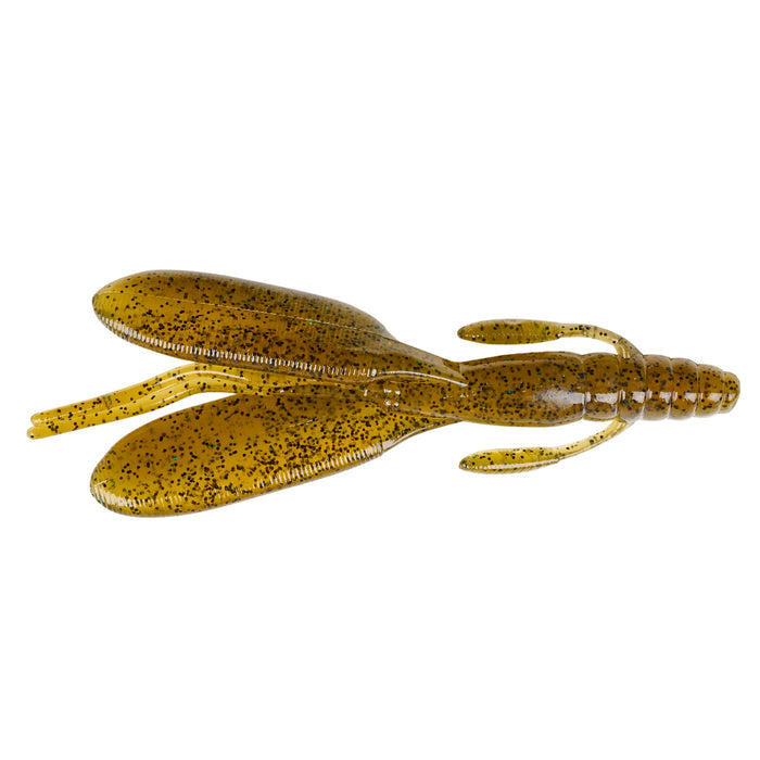 Nories 4.5" Escape Twin Creature Bait in translucent greenish-brown with black speckles, designed for fishing tackle to attract musky and other game fish.