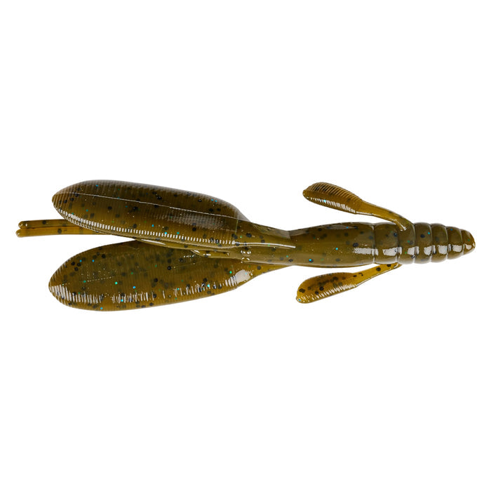 Nories 4.5" Escape Twin Creature Bait soft plastic fishing lure in olive green with blue and black flecks, designed for musky and freshwater fishing tackle.
