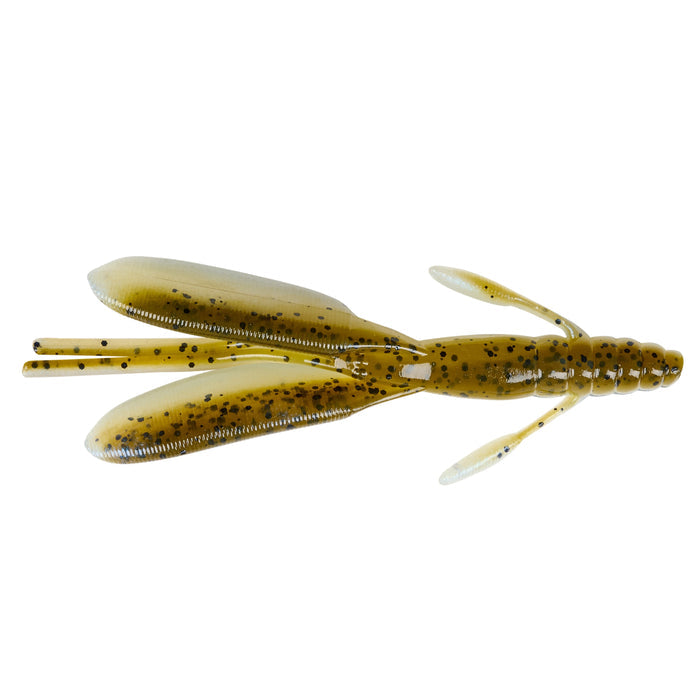 Nories 4.5" Escape Twin Creature Bait in translucent olive with black speckles, designed for fishing tackle to attract musky and other game fish.