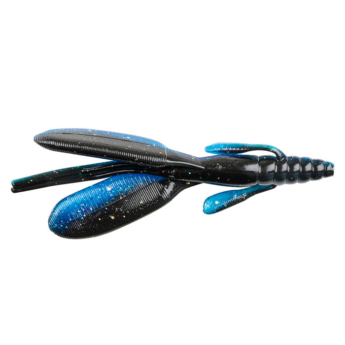 Nories 4.5" Escape Twin Creature Bait fishing lure in black and blue with detailed legs and paddle tail designed for effective water movement and attracting fish.