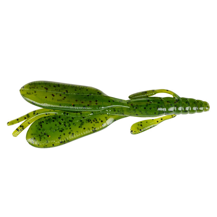 Nories 4.5" Escape Twin Creature Bait in green with black speckles, designed as a soft plastic fishing lure for musky and other freshwater fishing.