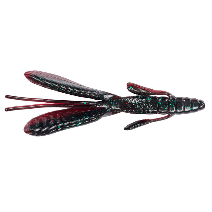 Nories 4.5" Escape Twin Creature Bait in dark red and black with blue flecks, designed for musky fishing as a soft, detailed fishing lure mimicry.