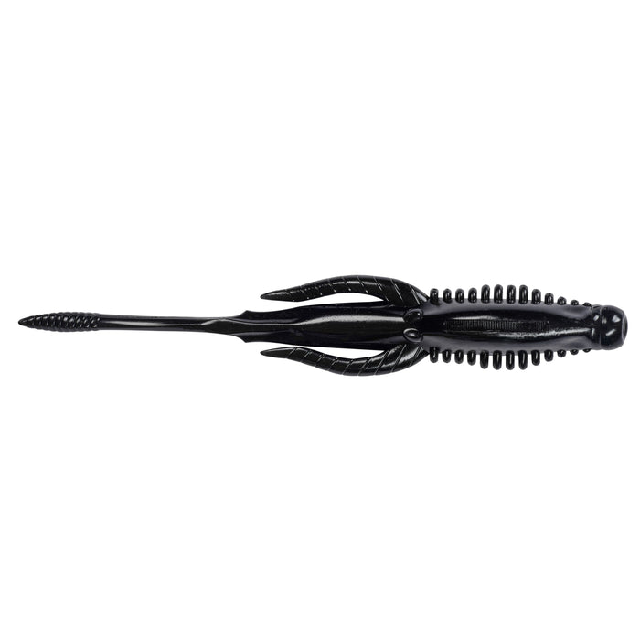 Nories 4.5" Hulabug Bladed Jig Trailer in solid black with segmented body and claw-like appendages designed for fishing lure enhancement and realistic movement.