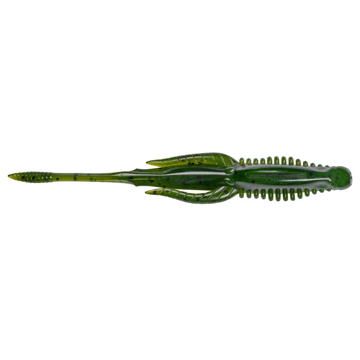 Nories 4.5" Hulabug Bladed Jig Trailer in green color featuring a detailed segmented body with multiple appendages designed for realistic movement in fishing tackle applications.