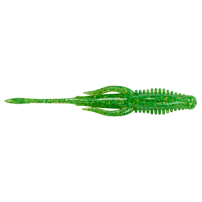 Nories 4.5" Hulabug Bladed Jig Trailer in translucent green with glitter, designed as a soft fishing lure featuring multiple appendages for lifelike movement in fishing tackle.
