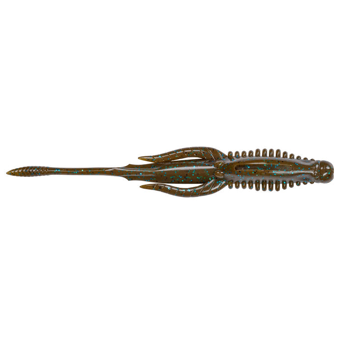 Nories 4.5" Hulabug Bladed Jig Trailer in natural brown with blue flecks, designed as a soft fishing lure to enhance bait movement for musky and other freshwater fishing.