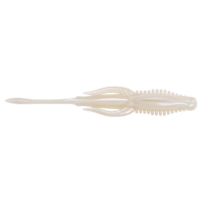 Nories 4.5" Hulabug Bladed Jig Trailer in a translucent pearl color, designed as a soft fishing lure with a ribbed body and elongated tail for effective movement in water.