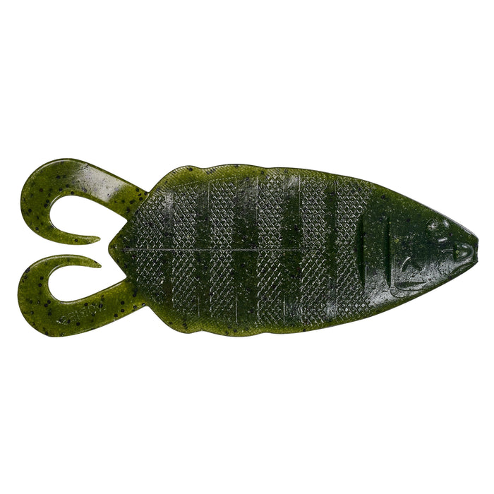 Nories 5" Flip Gill fishing lure in dark green with black speckles, featuring a textured body and twin curly tails designed for lifelike movement in fishing tackle.