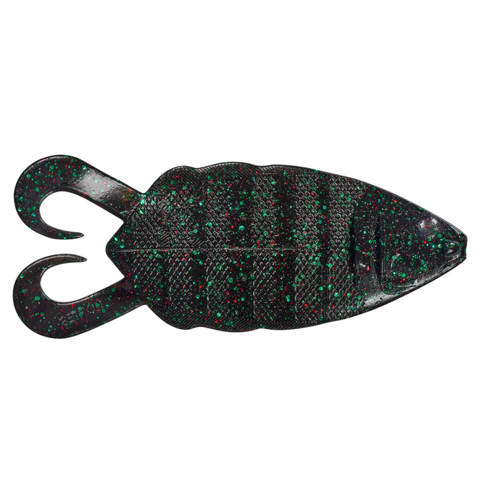 Nories 5" Flip Gill fishing lure designed with a black base and green and red speckles, featuring a textured body and dual curled tail for attracting fish.