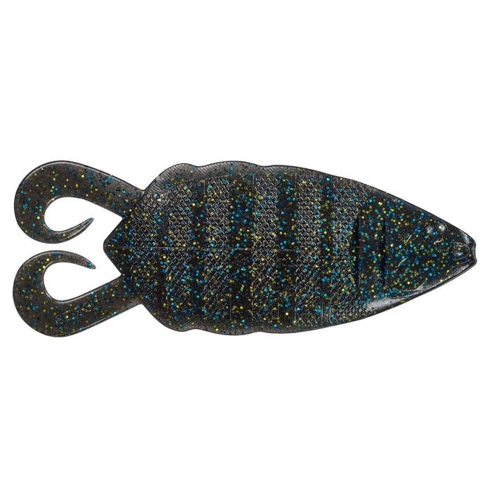 Nories 5" Flip Gill soft plastic fishing lure in dark color with blue and yellow flecks, designed to mimic a small baitfish for fishing tackle.