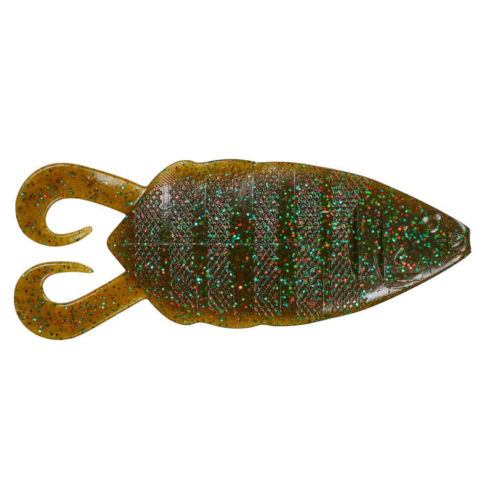 Nories 5" Flip Gill soft plastic fishing lure in natural green with orange and blue glitter, designed for effective musky fishing and freshwater tackle applications.