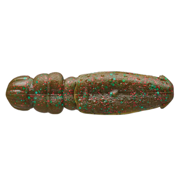 Nories Flip Dom 3" soft fishing lure in translucent brown with red and green speckles, designed for attracting musky and other game fish.
