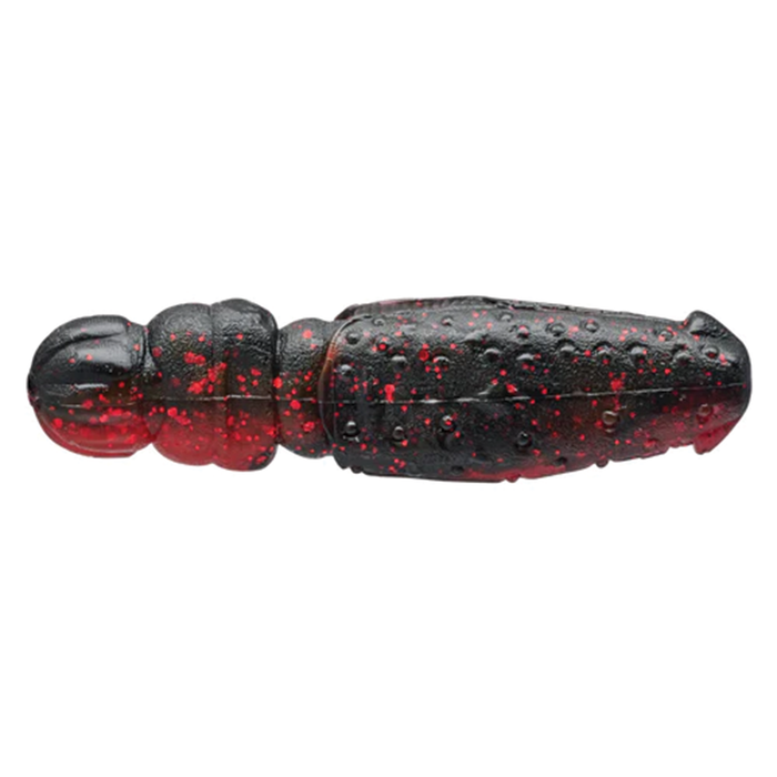 Black and red speckled soft plastic fishing lure shaped like a segmented grub, designed for musky fishing, called Nories Flip Dom 3".