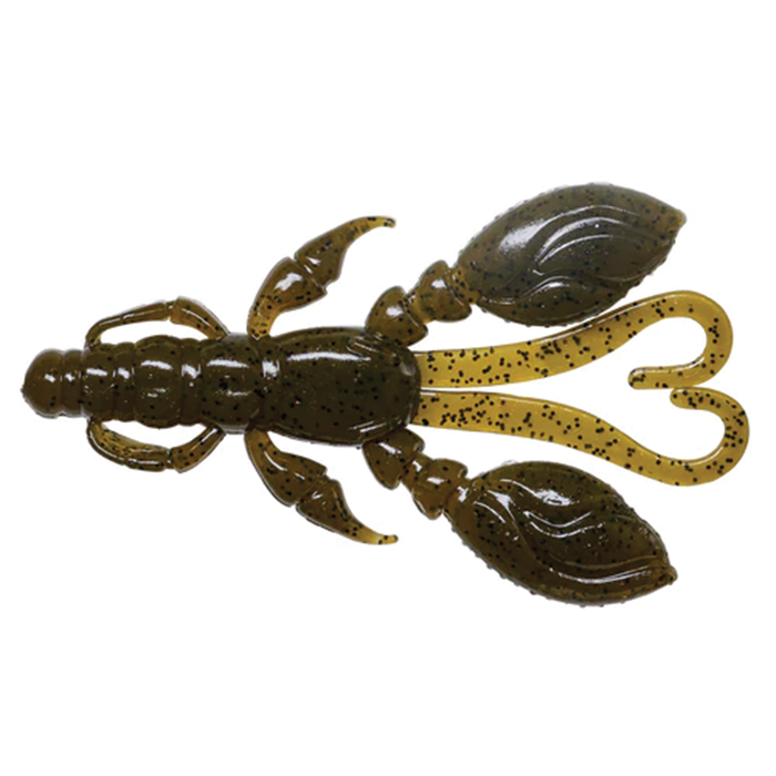 Nories Rock Claw soft plastic fishing lure designed to mimic a crawfish with detailed claws and segmented body in olive green with black speckles for freshwater fishing tackle.
