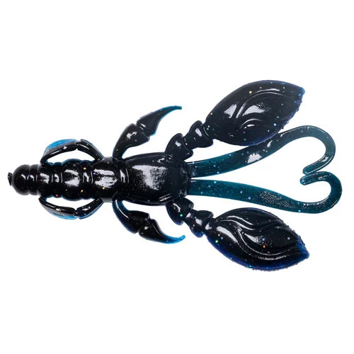 Nories Rock Claw fishing lure in black and blue with reflective flecks, featuring detailed claws and twin curly tails designed for musky and freshwater fishing tackle.