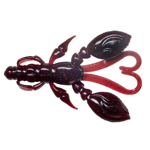 Nories Rock Claw fishing lure designed to resemble a crawfish with detailed claws and antennae, featuring a dark red color with speckled accents for effective fishing tackle.