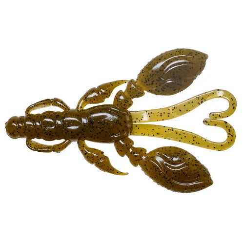 Green and brown soft plastic fishing lure shaped like a crawfish with two large claws and curled tail sections, designed as the Nories Rock Claw for fishing tackle use.