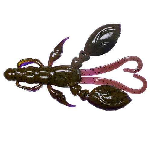 Nories Rock Claw fishing lure designed to imitate a crawfish with detailed claws and curled tails in dark and purple tones, ideal for freshwater fishing tackle.
