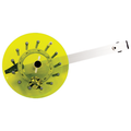 Northern Lights Lighted Rattle Reel with a bright yellow circular housing and a long white handle, designed for ice fishing and equipped with multiple metal components.