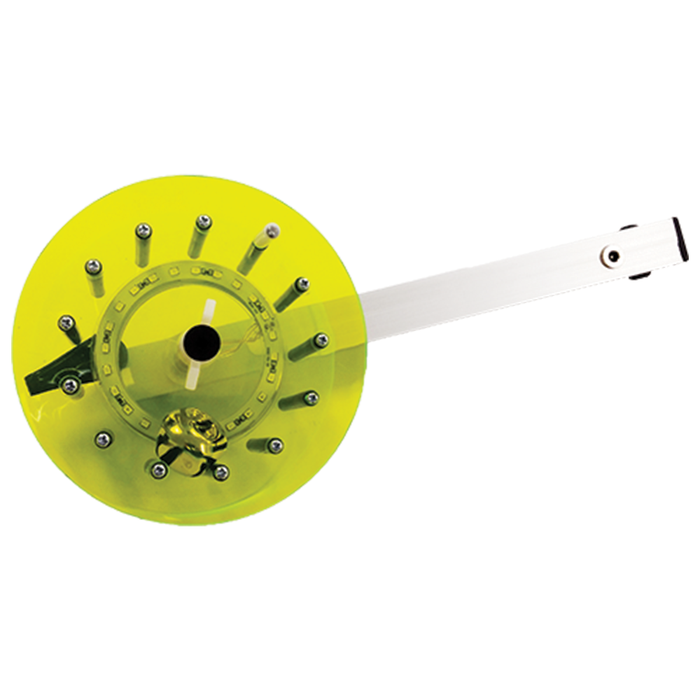 Northern Lights Lighted Rattle Reel with a bright yellow circular housing and a long white handle, designed for ice fishing and equipped with multiple metal components.
