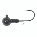 Close-up of a black Northland Finesse Football Jig fishing lure with a sharp curved hook and a rounded weighted head designed for precision fishing tackle.