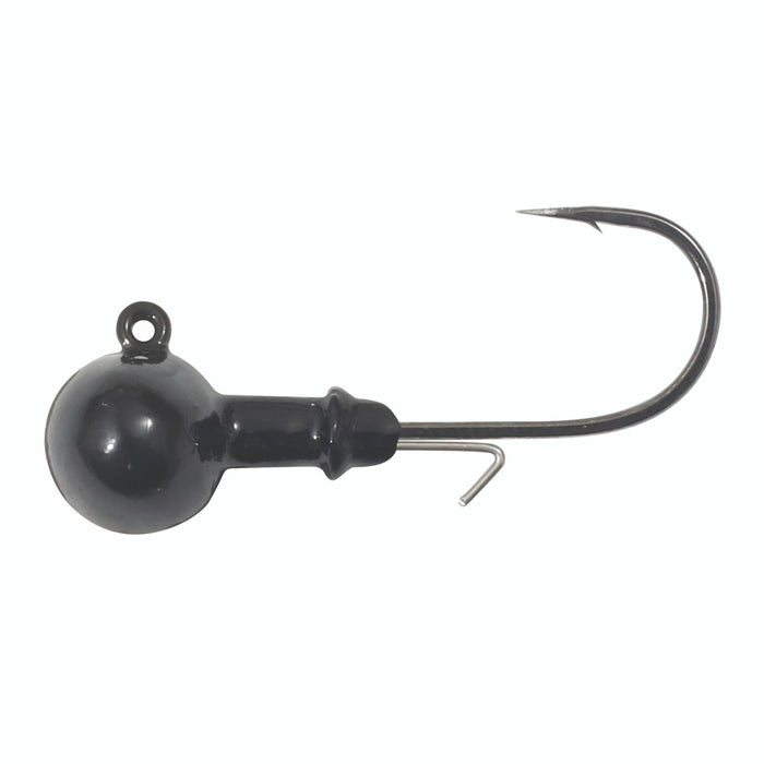 Close-up of a black Northland Finesse Football Jig fishing lure with a sharp curved hook and a rounded weighted head designed for precision fishing tackle.
