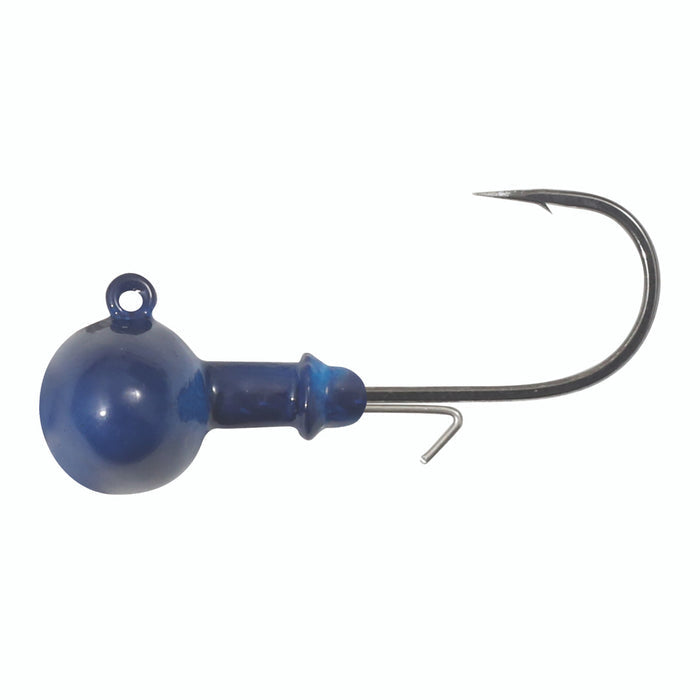 Northland Finesse Football Jig showing a close-up of a blue, rounded head jig with a sharp fishing hook, designed for precision fishing tackle use.